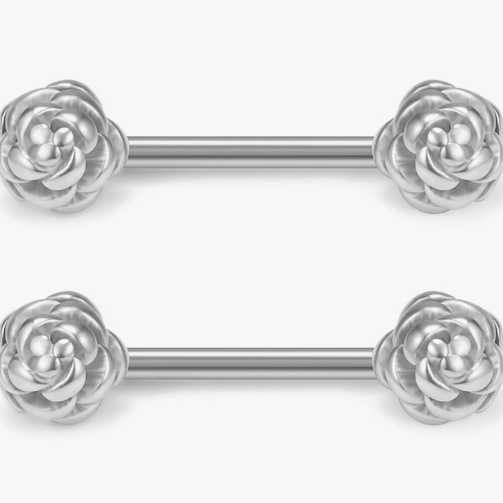 316L Stainless Steel Flower Rose Nipple Shield Barbell Ring Bar Body Pair 14g